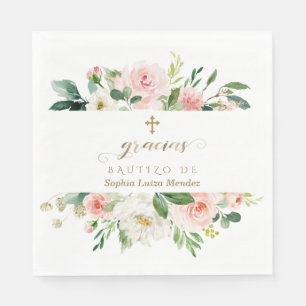 Spanish Pink White Ivory Flowers Gold Girl Bautizo Napkin