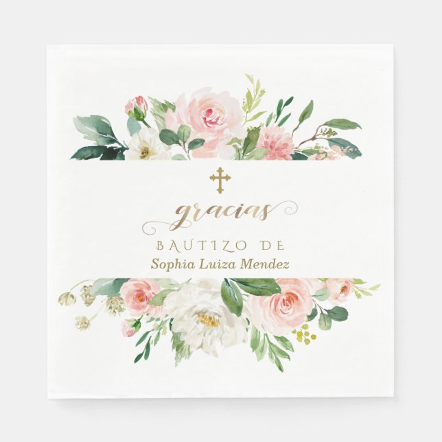 Spanish Pink White Ivory Flowers Gold Girl Bautizo Napkin (Front)