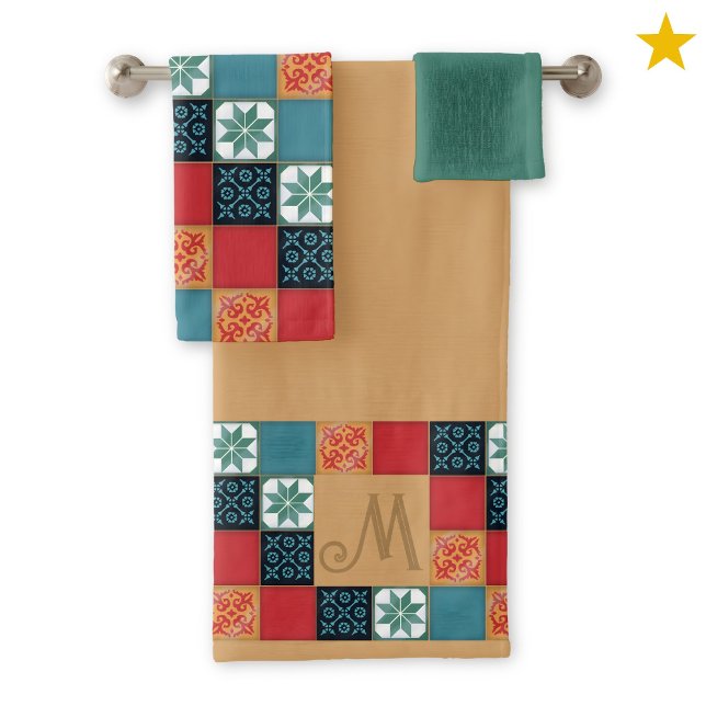 Spanish Portuguese Azulejos Tiles Monogram Initial Bath Towel Set (Creator Uploaded)
