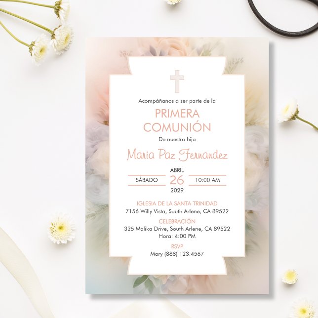 Spanish Primera Comunion Salmon First Communion Invitation (Creator Uploaded)