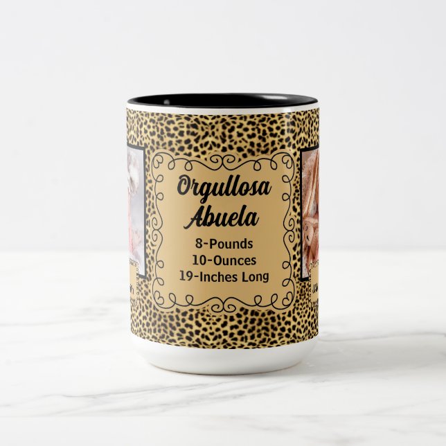 SPANISH Proud Grandmother Cheetah Print 2 Photo Two-Tone Coffee Mug (Center)