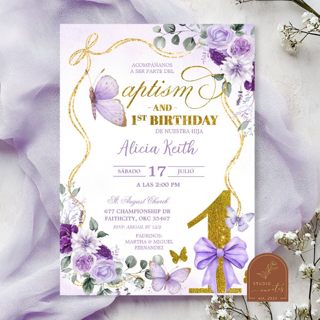 SPANISH Purple Butterfly Bautizo Y Primer Anito Invitation (Creator Uploaded)