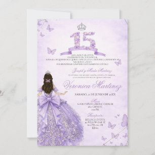 Spanish Purple Floral 15 Años Crown Princess Dress Invitation