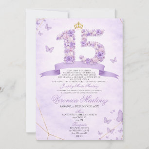 Spanish Purple Floral Gold Crown Sweet 15 Años Invitation