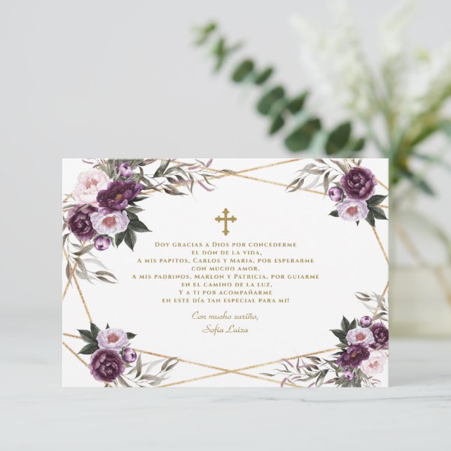 Spanish Purple Floral Gracias Con Oración Bautizo Thank You Card (Standing Front)