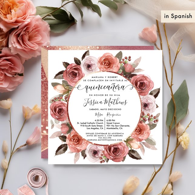 Spanish,Quinceanera Blush Floral Rose Gold Floral Invitation (Creator Uploaded)