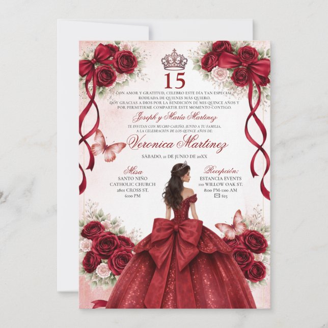 Spanish Quinceañera Burgundy Red 15 Años Princess Invitation (Front)