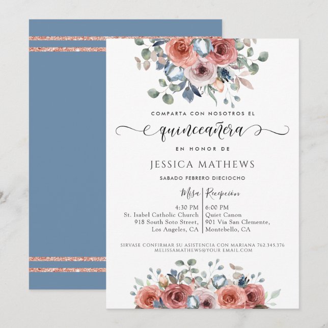 Spanish, Quinceañera Dusty Blue Pink Gold Floral Invitation (Front/Back)
