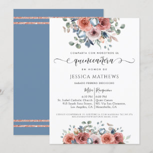 Spanish, Quinceañera Dusty Blue Pink Gold Floral Invitation