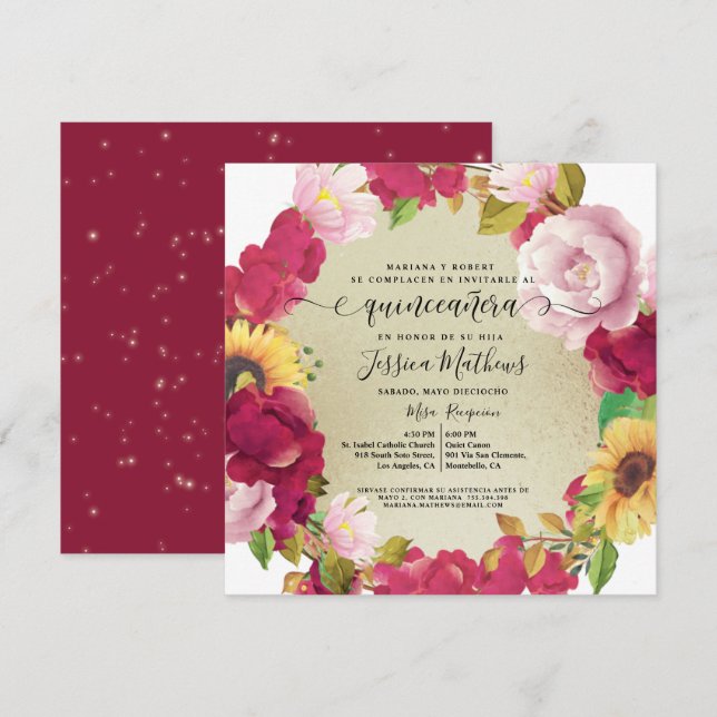 Spanish, Quinceañera Elegant Red Floral Invitation (Front/Back)