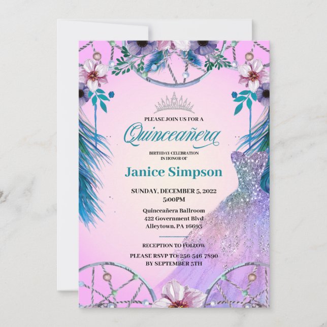 Spanish Quinceañera feather Dream catcher pink Inv Invitation (Front)