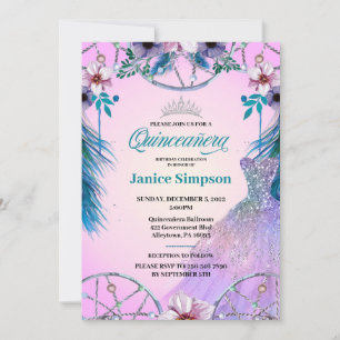 Spanish Quinceañera feather Dream catcher pink Inv Invitation
