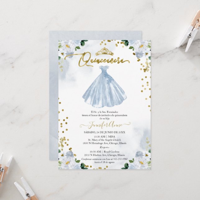 Spanish Quinceanera Invitation Blue Floral Dress (Front/Back In Situ)