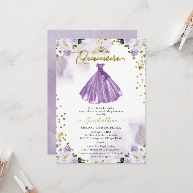Spanish Quinceanera Invitation Purple Floral Dress (Front/Back In Situ)