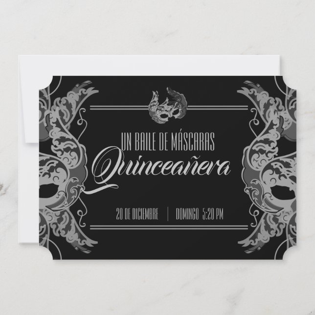 SPANISH quinceañera MASQUERADE black white ticket Invitation (Back)