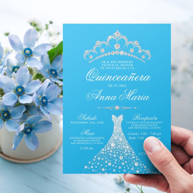 Spanish Quinceañera Mis Quince Blue Turquoise Invitation (Creator Uploaded)