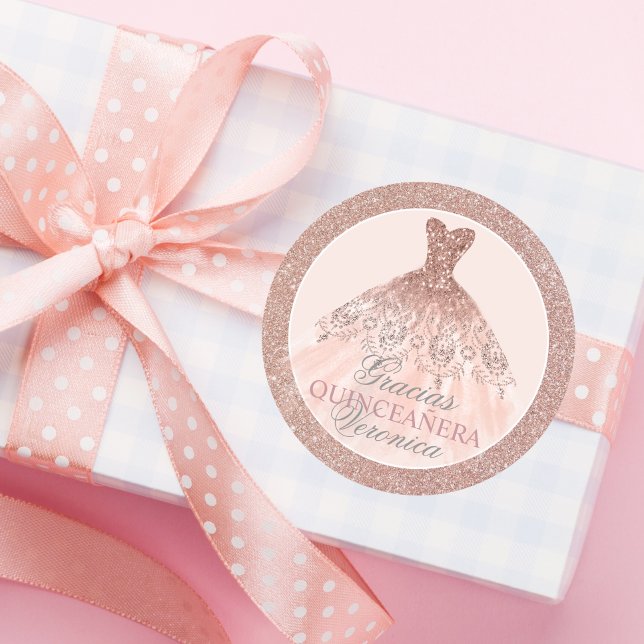 Spanish Quinceañera Mis Quince Pink Rose Thank You Classic Round Sticker (Creator Uploaded)