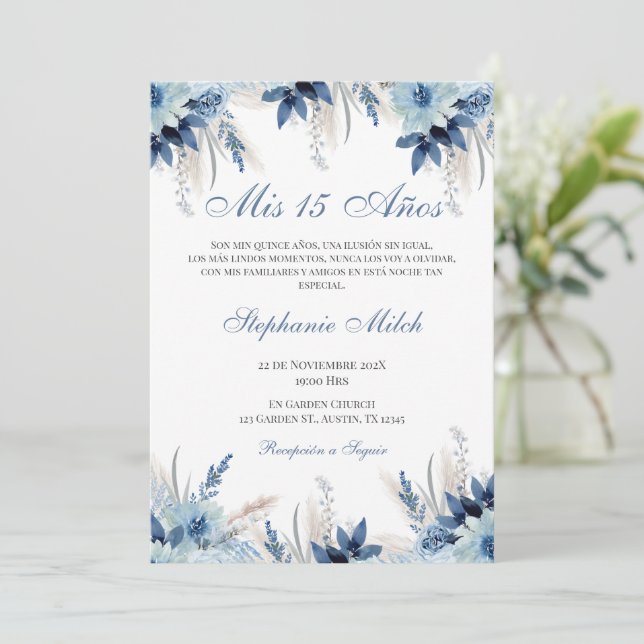Spanish Quinceanera Navy Floral Invitation (Standing Front)