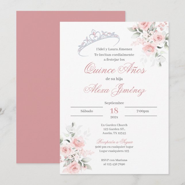 Spanish Quinceanera Pink Floral Invitation (Front/Back)
