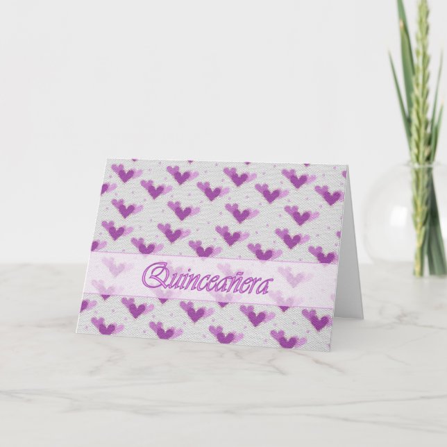 Spanish Quinceañera Pink Purple Hearts Card (Front)