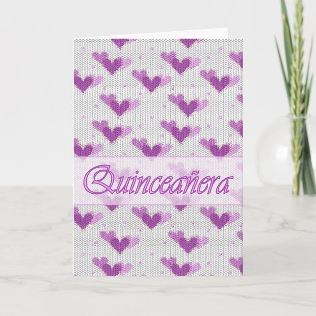 Spanish Quinceanera Pink Purple Hearts Card (Front)