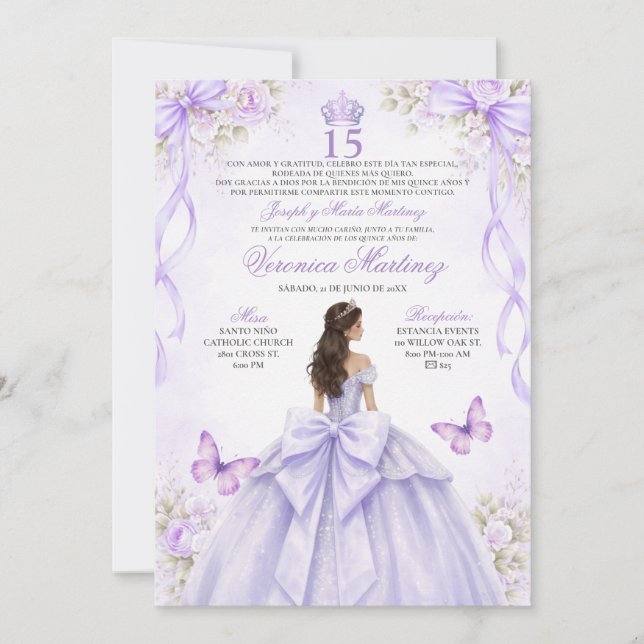 Spanish Quinceañera Purple Princess Dress 15 Años Invitation (Front)