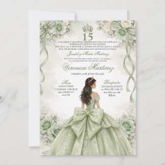 Spanish Quinceañera Sage Green Princess 15 Años Invitation
