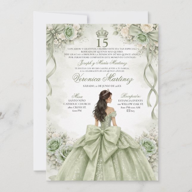 Spanish Quinceañera Sage Green Princess 15 Años Invitation (Front)