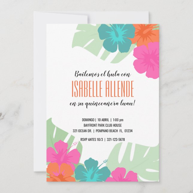SPANISH quinceañera TROPICAL LUAU bright floral Invitation (Front)