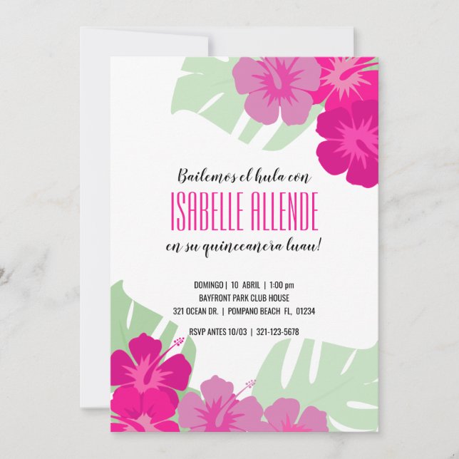 SPANISH quinceañera TROPICAL LUAU pink floral Invitation (Front)