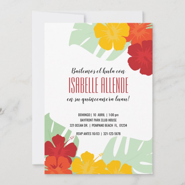 SPANISH quinceañera TROPICAL LUAU red floral Invitation (Front)