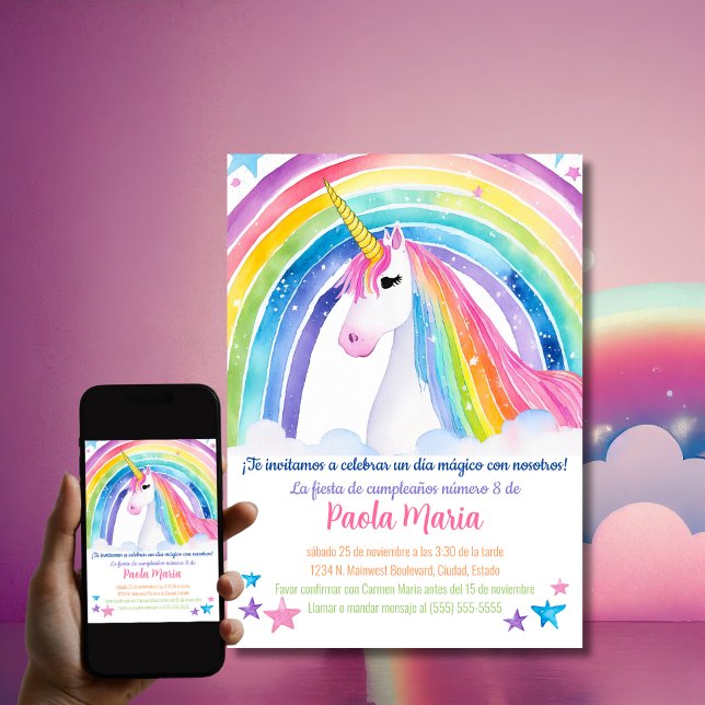 Spanish Rainbow Unicorn Birthday Party for Girls  Invitation (Creator Uploaded)