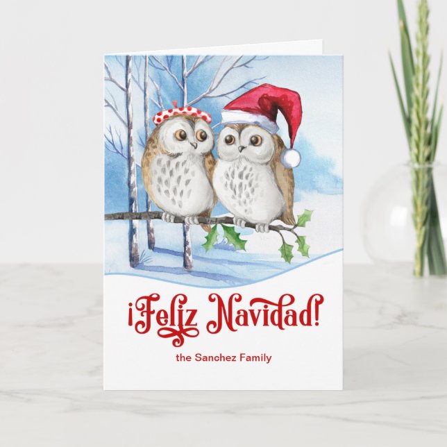 Spanish Red Christmas Feliz Navidad Winter Owls Holiday Card (Front)