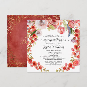 Spanish Red Coral Floral and Glitter Quinceañera Invitation