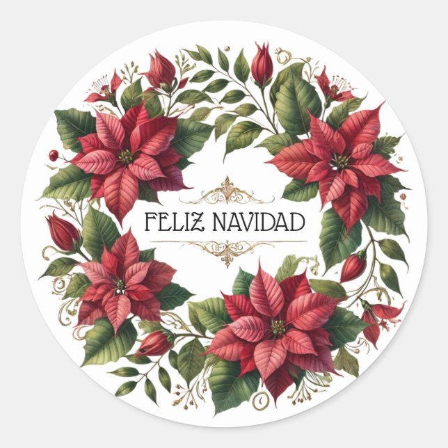 Spanish Red Poinsettia Feliz Navidad Christmas Classic Round Sticker (Front)