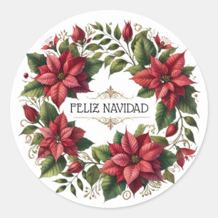 Spanish Red Poinsettia Feliz Navidad Christmas Classic Round Sticker