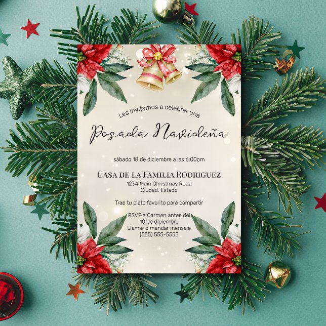 Spanish Red Poinsettias Posada Navideña Christmas Invitation (Creator Uploaded)