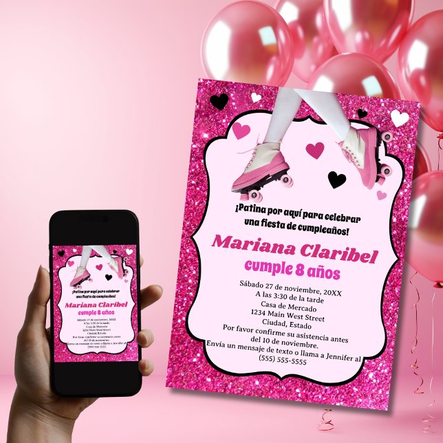 Spanish Retro Pink Glitter Skating Girl's Birthday Invitation (Creator Uploaded)