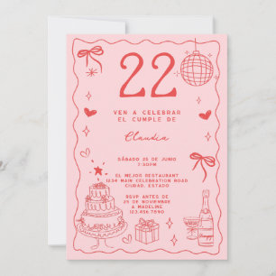 Spanish Retro Quirky Red Pink 22nd Birthday Invitation