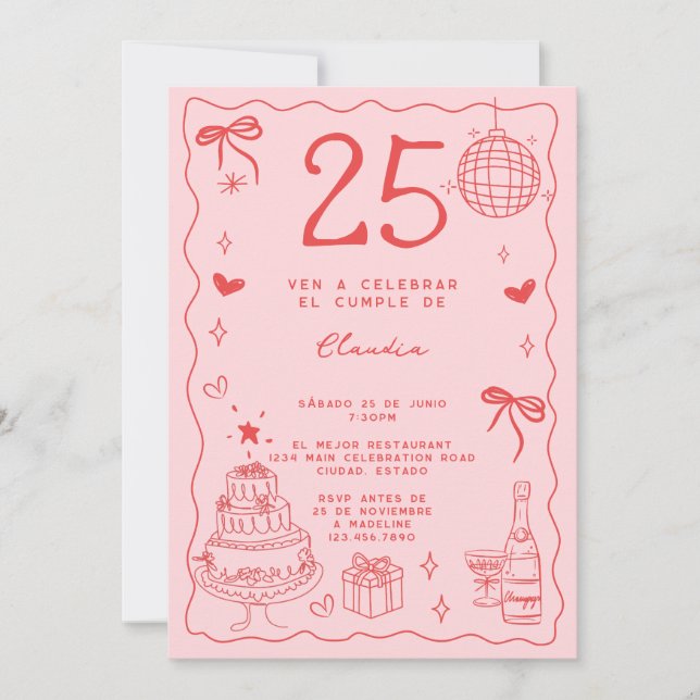 Spanish Retro Quirky Red Pink 25th Birthday Invitation (Front)