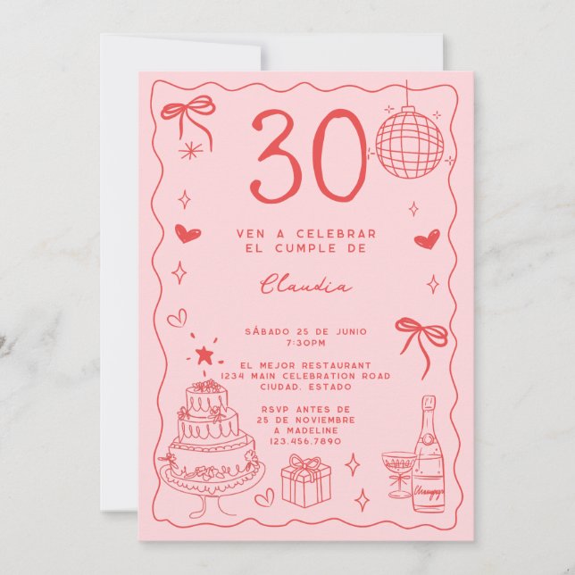 Spanish Retro Quirky Red Pink 30th Birthday Invitation (Front)