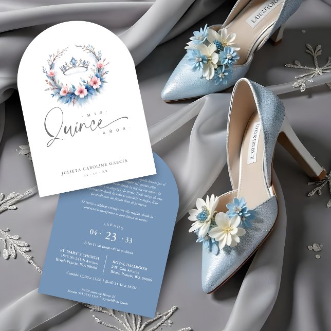 Spanish Romantic Blue Floral Quinceañera Tiara Invitation (Spanish Romantic Blue Floral Quinceañera Invitations Cards with Tiara Design & Modern Arch Border.)