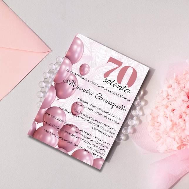 Spanish Rose Blush Floral Balloons 70th Birthday Invitation (Creator Uploaded)