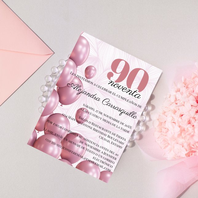 Spanish Rose Blush Floral Balloons 90th Birthday Invitation (Creator Uploaded)
