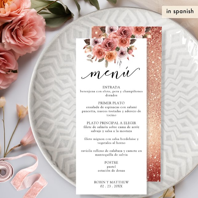 Spanish, Rose Gold and Blush Pink Floral Menu (Creator Uploaded)