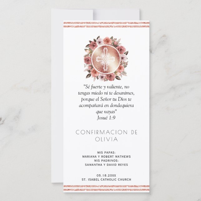 Spanish, Rose Gold Confirmation Bookmark Favour Thank You Card (Front)