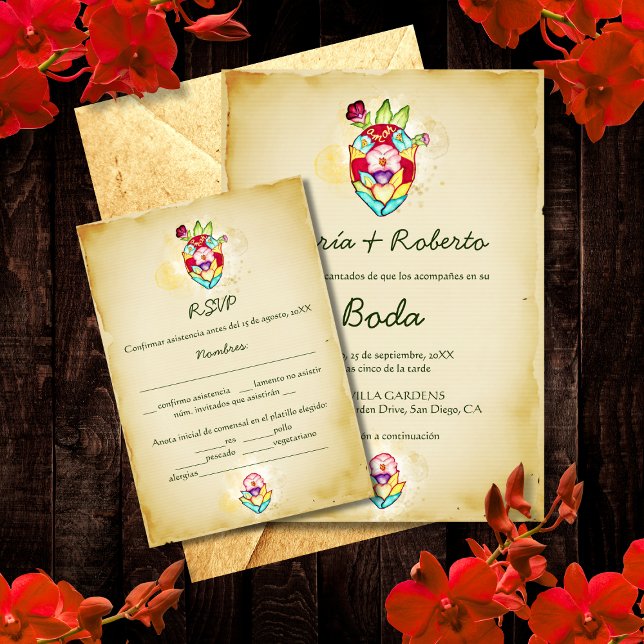 Spanish, Rustic Heart Mexican Wedding RSVP Card (Creator Uploaded)