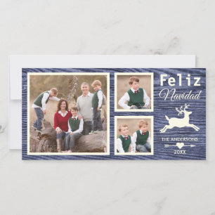 Spanish Rustic Wood Reindeer Blue Navidad Photo Holiday Card