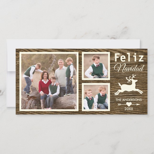 Spanish Rustic Wood Reindeer Brown Navidad Photo Holiday Card (Front)