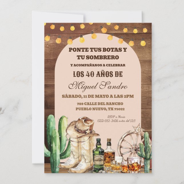 Spanish Rustic Wood whiskey Cowboy  Adult Man Invitation (Front)